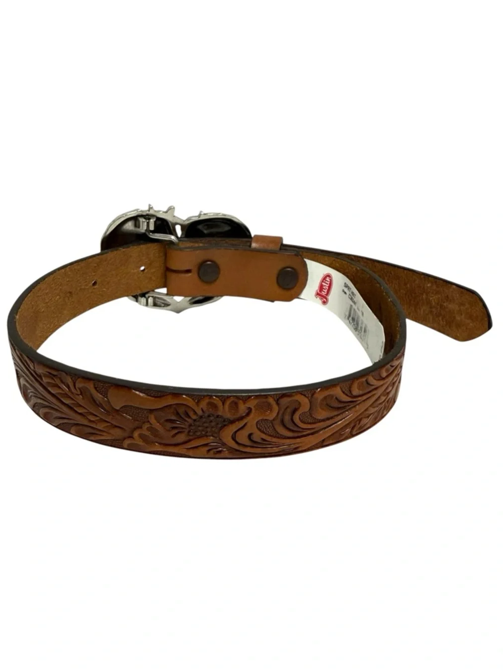 Justin Boots Toddler Brown Tooled Leather Belt with Silver Horse Heart Buckle